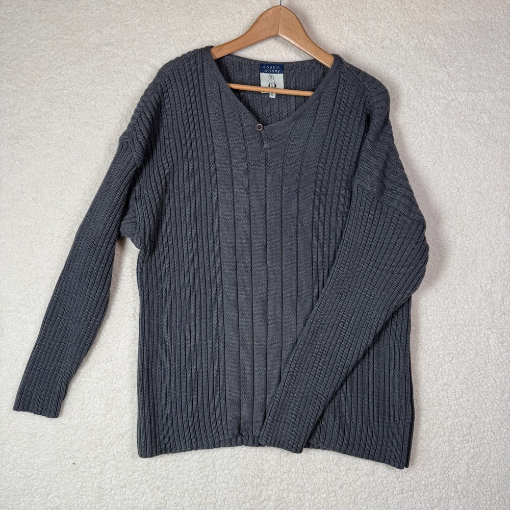 Anthropologie Cousin Johnny Mens Sweater XL Tan Gray Ribbed Knit V‎ Neck Unisex